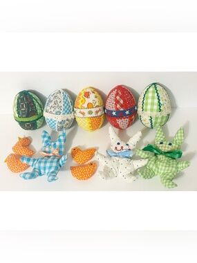 5 Handmade Vintage Large Quilted Plastic Easter Eggs w/Handmade Items in Each